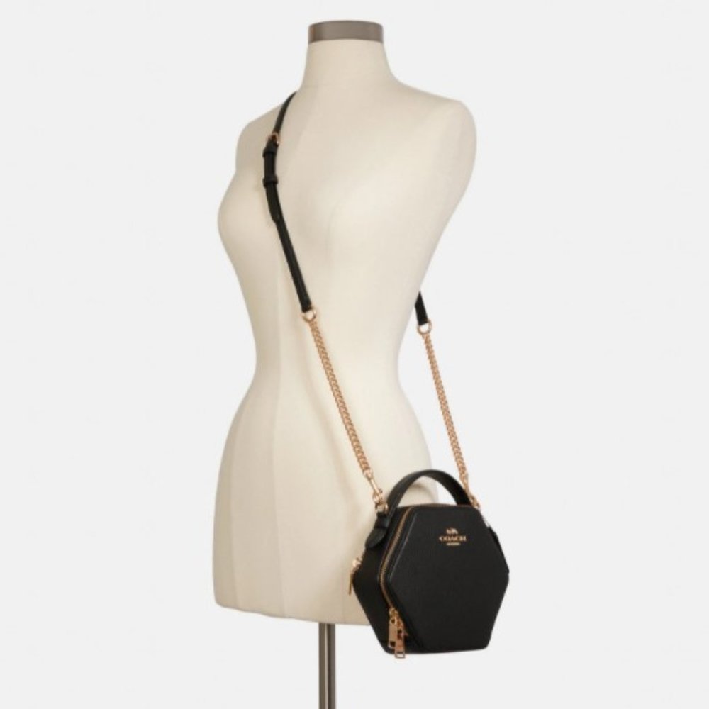 Coach Black Leather Hexagonal Crossbody Purse Geometric Modern - Picture 4 of 8